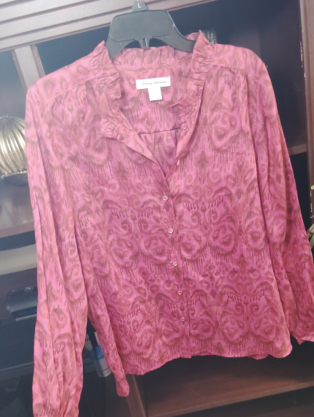 Tommy Bahama Rose Pink Patterned Ruffle Collar Button-Down Blouse
